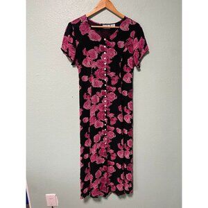 Vintage Indira Women's Pink and‎ Black Button Up Dress with Tie Size Small
